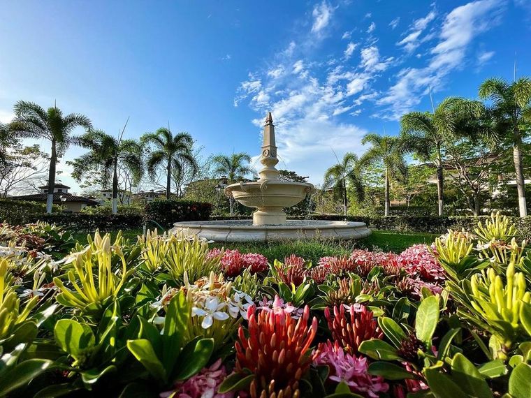 Fuente ornamental rodeada de jardines floridos y palmeras bajo el cielo azul